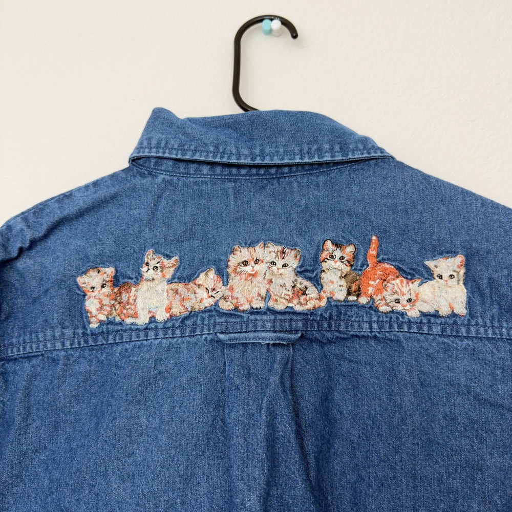 The Bradford Exchange Denim Shirt Womens 2X Blue Good Embroidered Cat Kitten - Picture 12 of 12